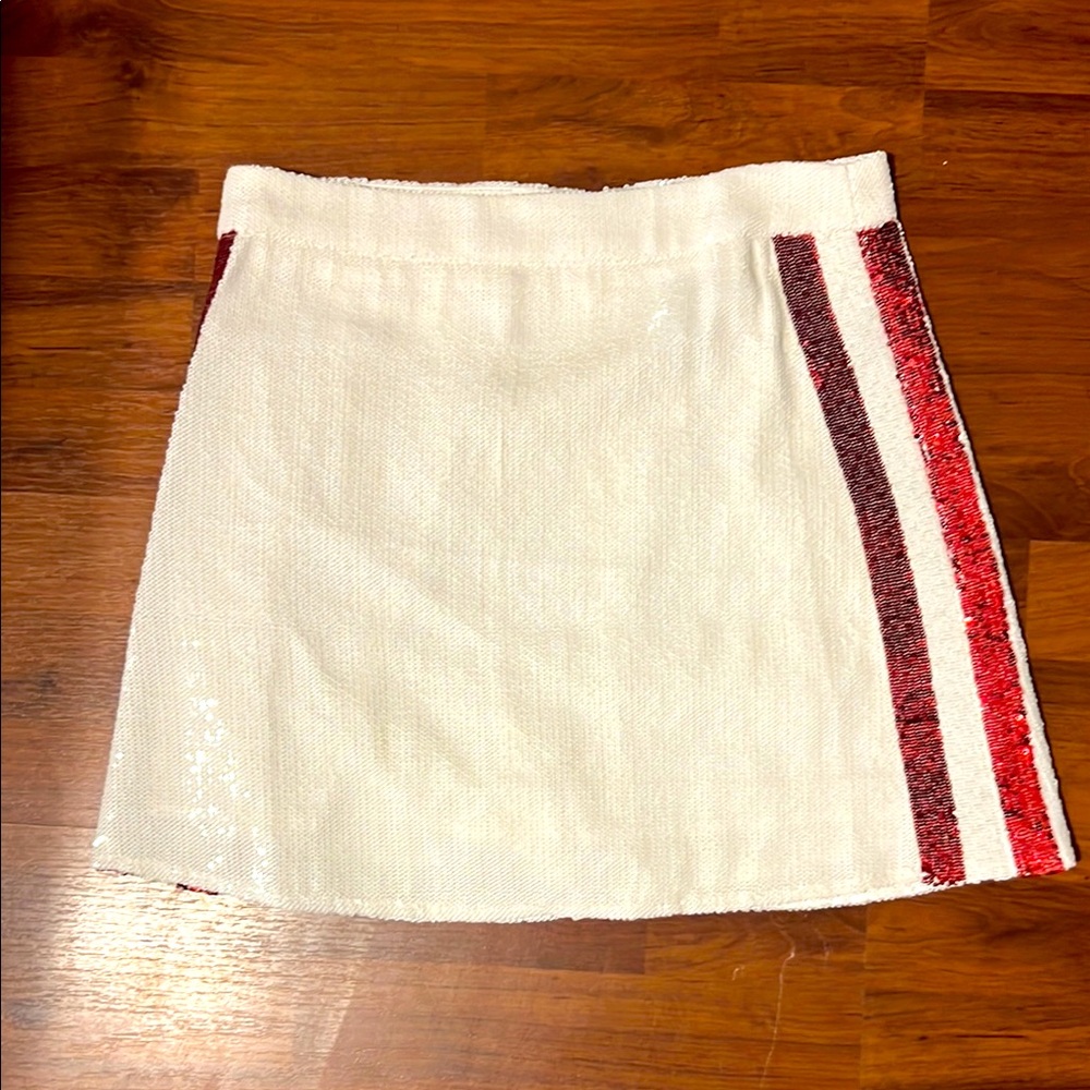 QUEEN OF SPARKLES White Mini Skirt with Red and Black Stripes